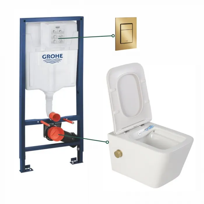 Set vas wc suspendat cu functie bideu alb si baterie inclusa auriu mat Safari, rezervor wc incastrat si clapeta auriu periat, Grohe