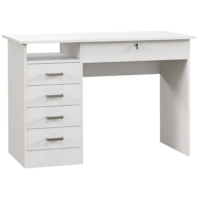 HOMCOM Birou Modern cu 5 Sertare, Birou cu Sertare și Compartiment Deschis pentru Biroul de Acasă și Studiu, 110x50x76 cm, Alb