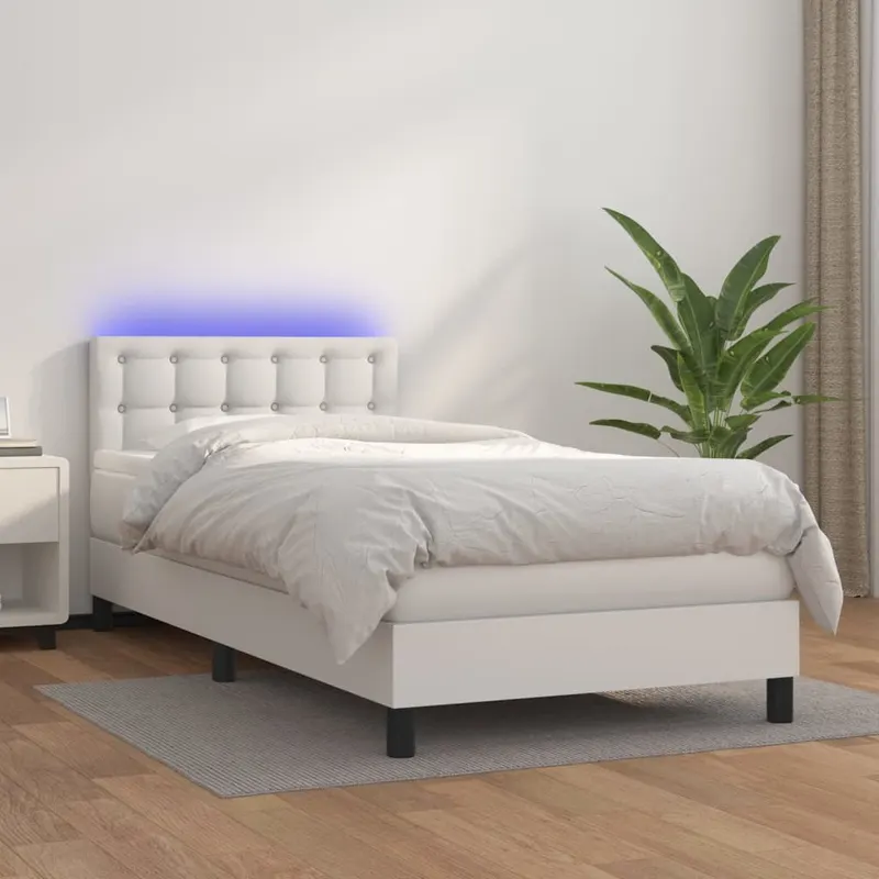 pat continental cu saltea & led, alb, 90x200 cm, piele eco