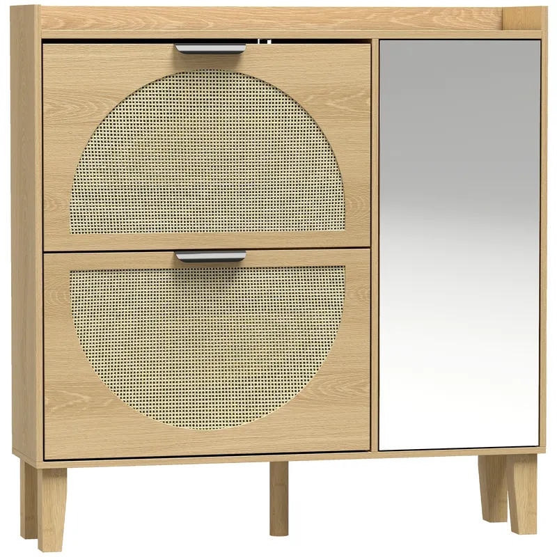 HOMCOM Pantofar Îngust Boem cu Oglindă 2 Uși din Ratan Dulap 10 Perechi Rafturi Reglabile 94,5x24x96,5 cm Stejar