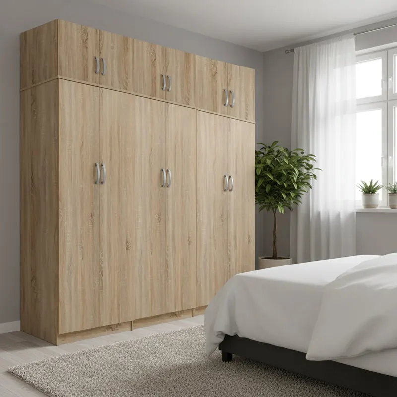 Dulap Athos II cu 6 usi si loft, 240x42x240 cm - Stejar