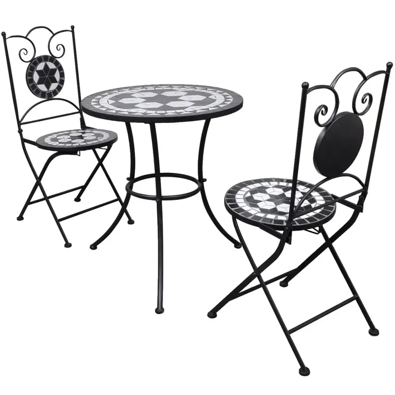 set mobilier bistro, 3 piese, negru/alb, placi ceramice