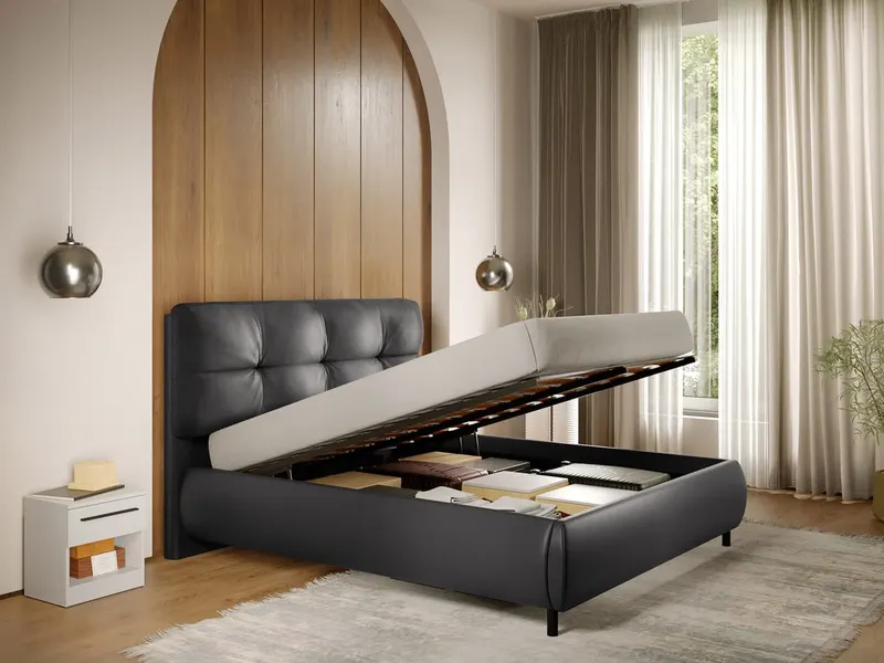 Pat Tapitat cu somiera rabatabila - Piele Neagra - Ramses 180x200