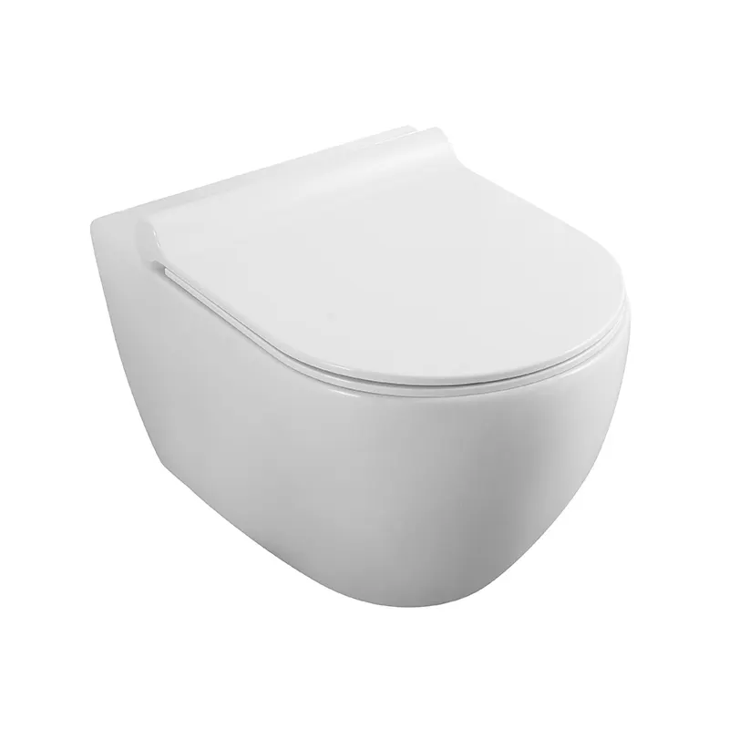 Set vas WC suspendat Fluminia Minerva, 52.5x36 cm, rimless, cu capac quick release si soft close, alb