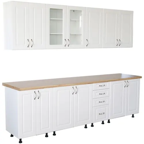 Bucatarie Zebra 260 cm din MDF Alb Mat cu blat termoizolant imitatie artar
