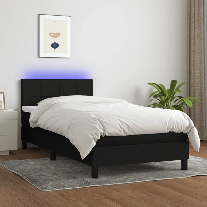 pat cu arcuri, saltea si led, negru, 90x200 cm, textil