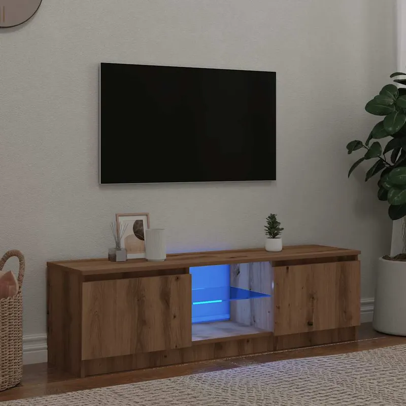 dulap tv cu led stejar artizanal 140x40x35,5 cm lemn prelucrat