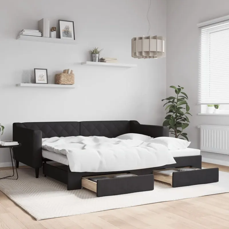 pat de zi cu extensie si sertare, negru, 90x190cm, textil