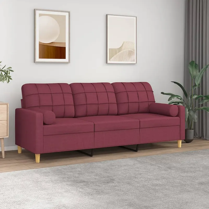 canapea cu 3 locuri cu pernute, rosu vin, 180 cm, textil