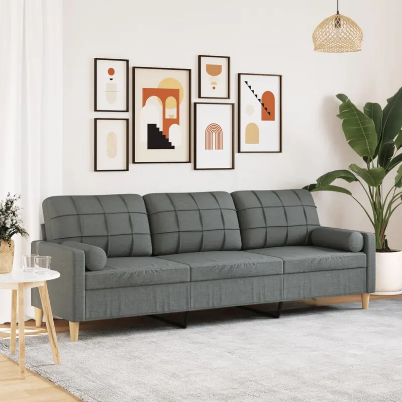canapea cu 3 locuri cu pernute, gri inchis, 210 cm, textil