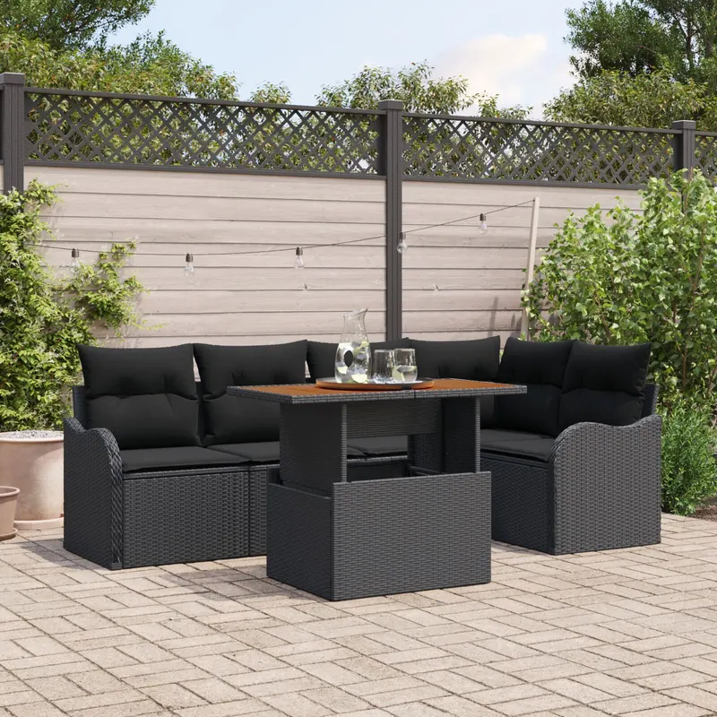 Set de sofa de gradina cu 6 piese si perne din ratan poli negru, sofa de gradina cu 2 locuri si spatiu de stocare & perne din ratan poli negru