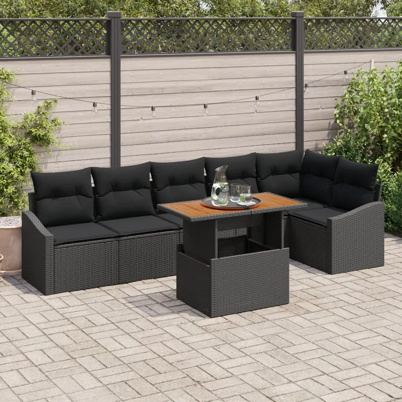 set de dining pentru gradina cu 7 piese si perne, ratan poly negru, acacia