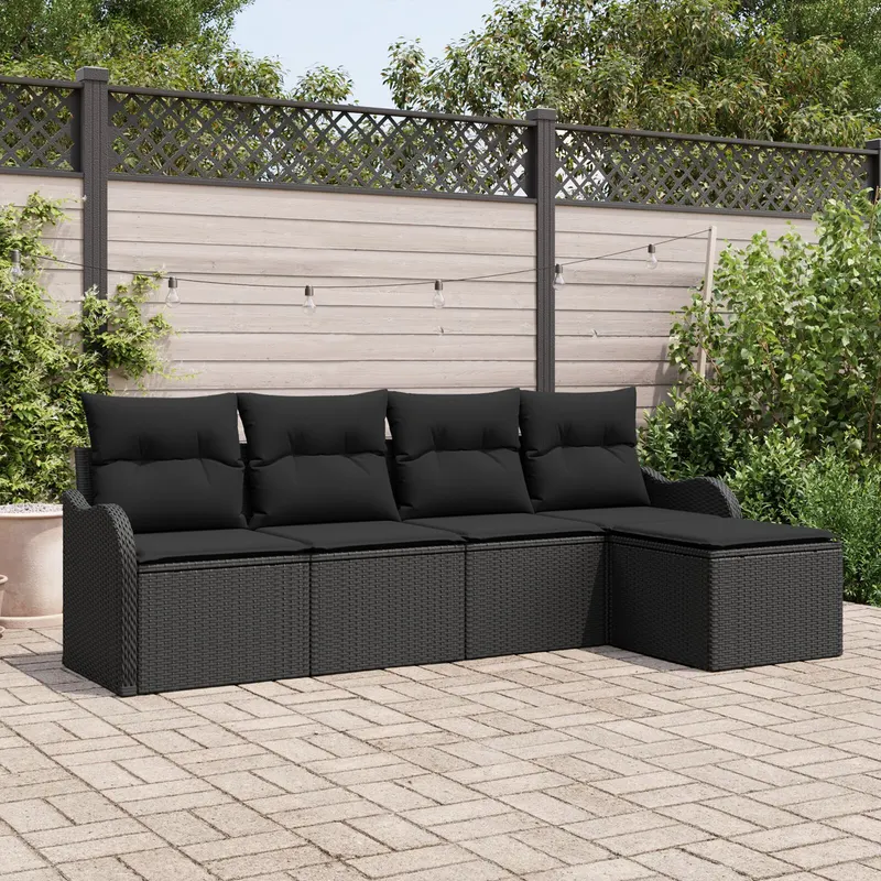 Set canapea gradina 5 piese cu perne negru poliratan, canapea gradina 2 locuri cu perne negru poliratan