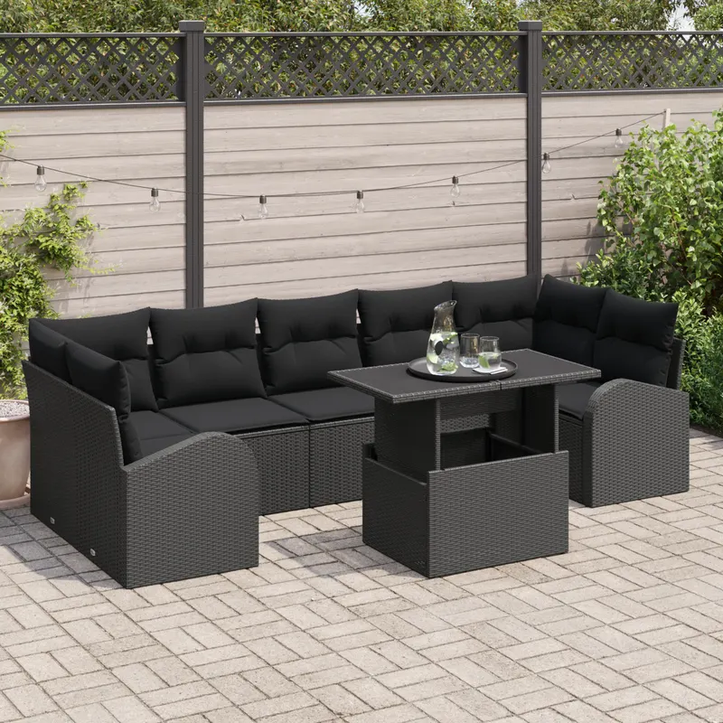 Set de sofa de gradina cu 8 piese si perne negre din poliratan, sofa de gradina pentru 2 persoane cu spatiu de depozitare si perne negre din poliratan