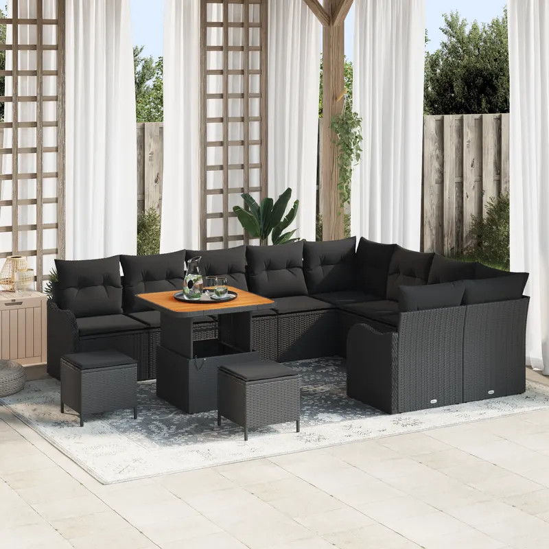 Set de canapea de gradina cu 12 piese si perne, negru, poliratan, acacia, canapea de gradina cu 2 locuri, cu depozitare si perne, negru, poliratan, set de dining de gradina cu 3 piese, cu perne, negru, poliratan, acacia