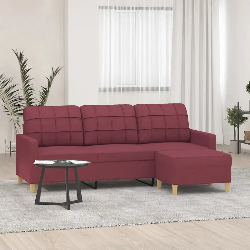 canapea cu 3 locuri si taburet, rosu vin, 180 cm, textil