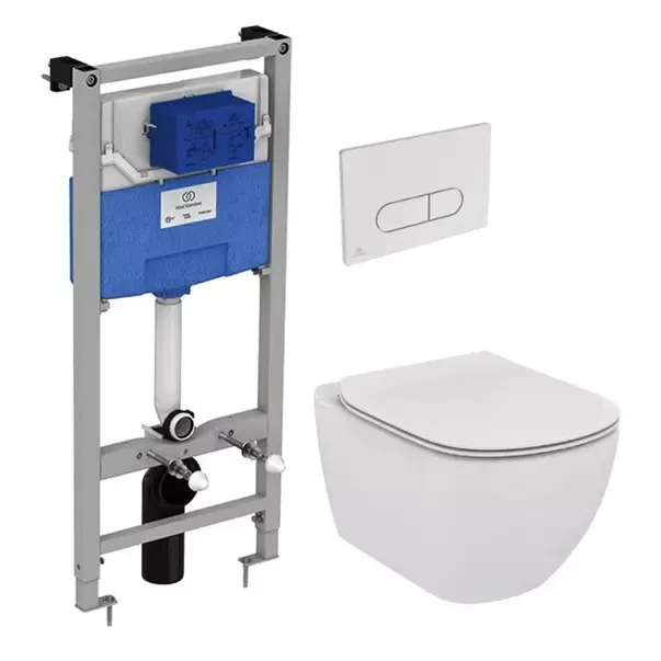 Set rezervor WC Ideal Standard ProSys si clapeta crom plus vas WC Tesi Aquablade cu capac soft close