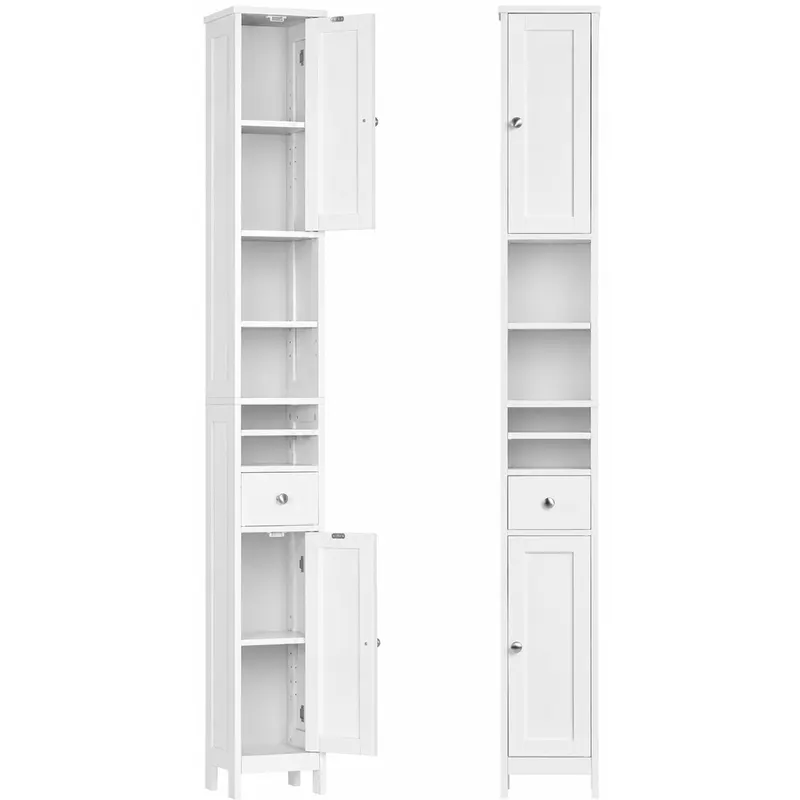 Dulap inalt pentru baie, ingust tip coloana,, cu sertar, rafturi reglabile si compartimente deschise, MDF, 21x20x180 cm, alb