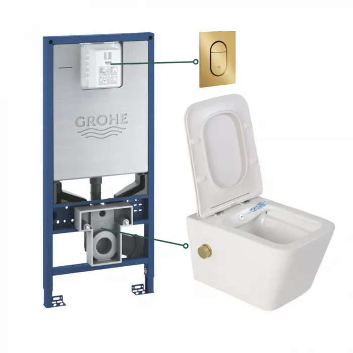 Set vas wc suspendat cu functie bideu alb si baterie inclusa auriu mat Safari, rezervor wc incastrat si clapeta auriu periat, Grohe