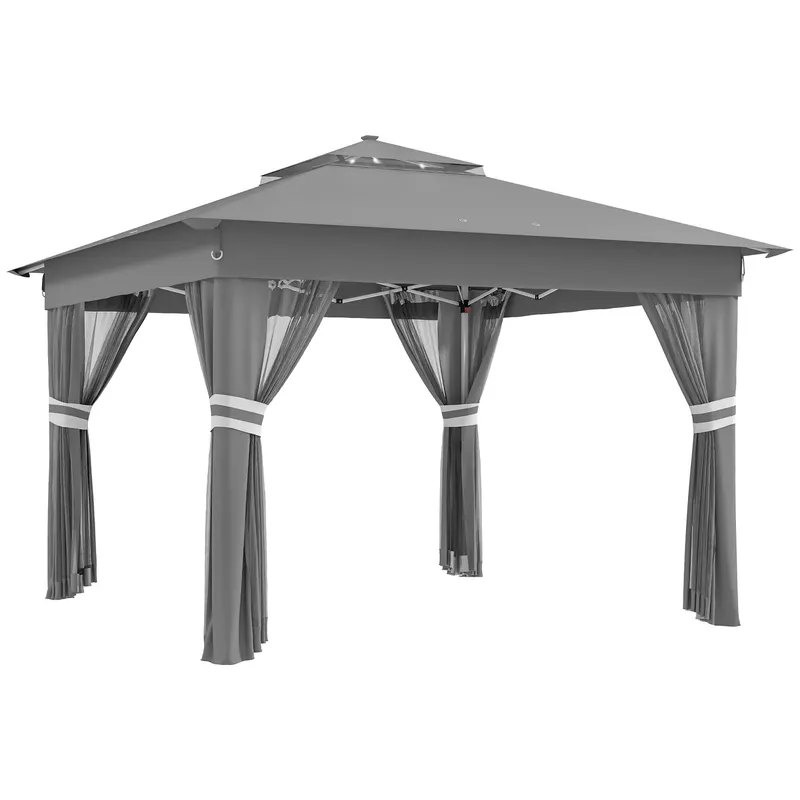 Outsunny Foisor tip pop-up 3 x 3(m),20 lumini LED alimentate de la soare,geanta cu roti, 4 saci de greutate, inaltime reglabila, Gri