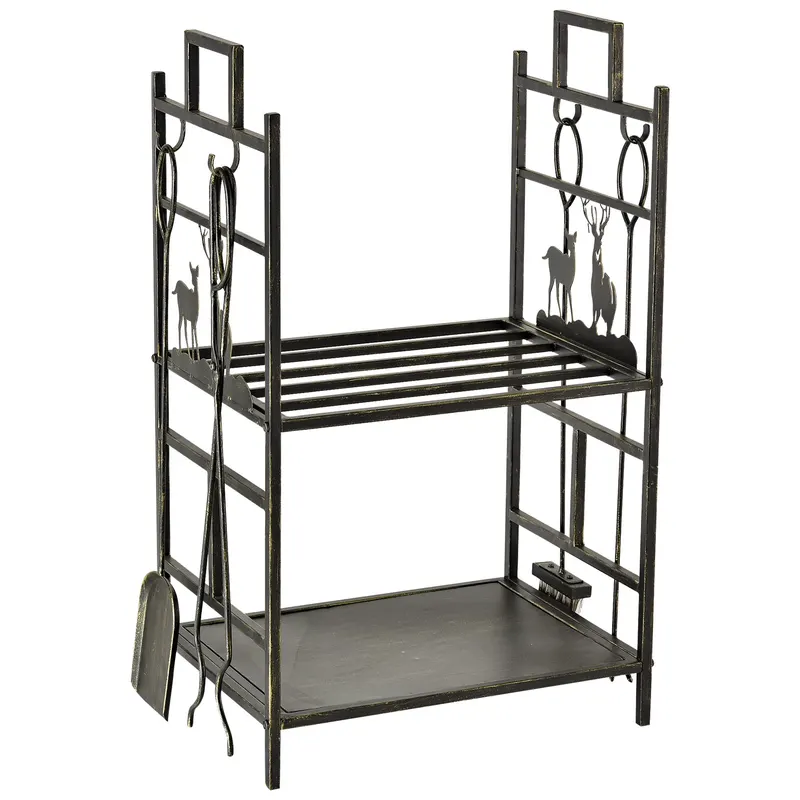 Outsunny Suport Lemne de Foc din Fier Forjat cu Instrumente pentru Semineu si Manere, Baza Suport Lemne Inaltata si Decorata, 51.5x33x77cm - Negru