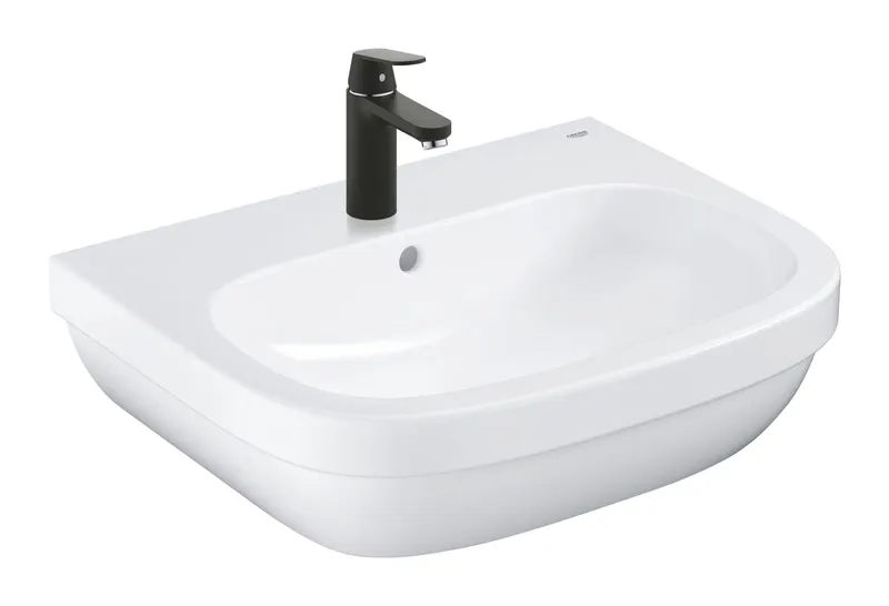 Pachet 3in1 lavoar Grohe 39642KW0, Euro Ceramic, 600 x 480 mm, pe perete, baterie Grohe neagra, sifon, evacuare, valve