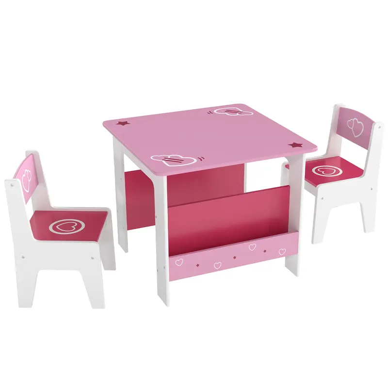 AIYAPLAY Set de masă cu 2 scaune pentru copii 3-8 ani, cu raft în lemn MDF cu motive de inimi, Roz
