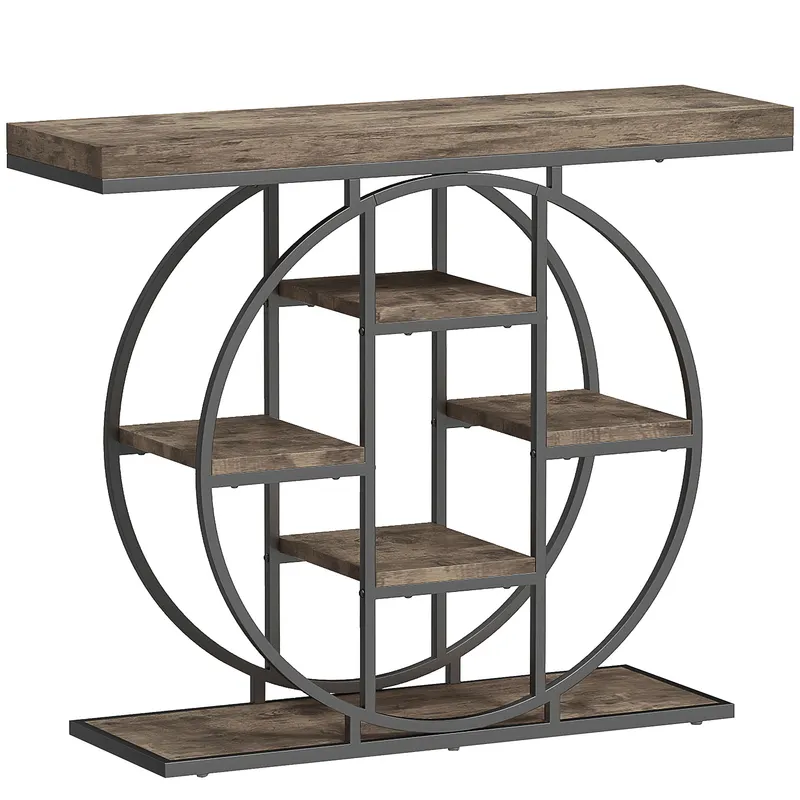 HOMCOM Masă consolă industrială cu rafturi și cadru circular din oțel, 100 x 30 x 81,5 cm, maro rustic