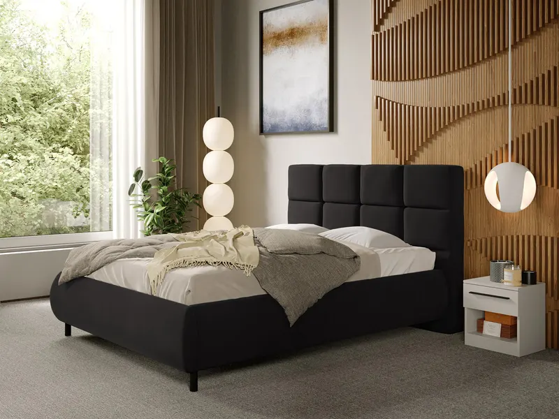 Pat Tapitat cu somiera fixa - Catifea Neagra - Alfa 160x200
