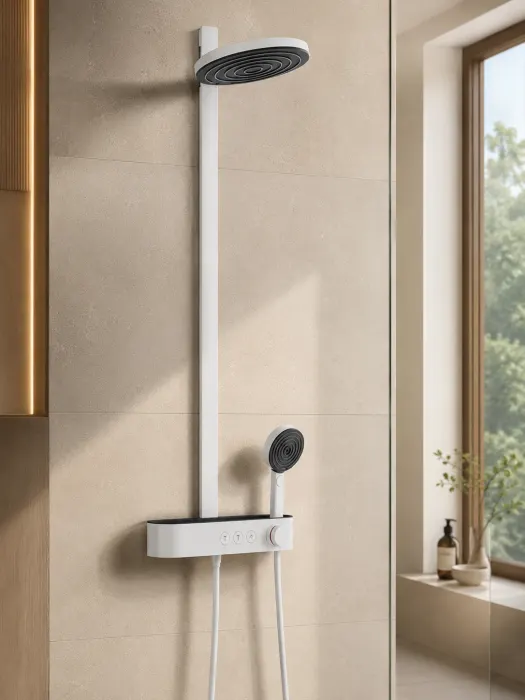 Coloana dus alb mat, baterie control temperatura si 3 jeturi, palarie 26 cm, Form Relax