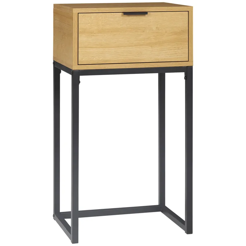 HOMCOM Măsuță auxiliară cu sertar Măsuță auxiliară modernă cu picioare din oțel pentru hol, living 40x30x76cm Natural