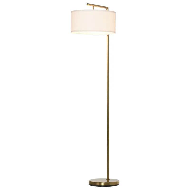 Lampa de podea moderna HOMCOM din metal si cu abajur din material textil, lampa de lectura E27 dimensiune 47x37x153 cm, culoare auriu si alb