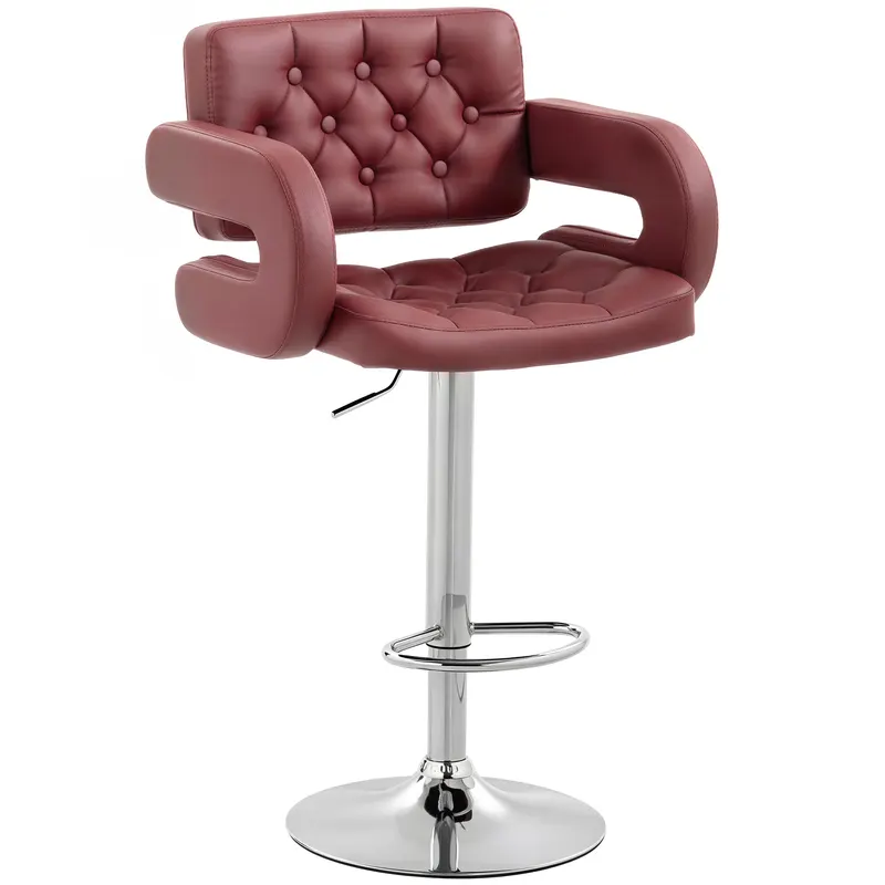 HOMCOM Scaun de Bar cu Înălțime Reglabilă, Scaun de Bucătărie Înalt din PU cu Spătar, Suport pentru Picioare, Cotiere și Șezut Confortabil, Structură Metalică, Rotativ la 360°, pentru Insulă, Roșu Vin