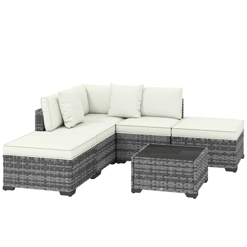 Outsunny Set Mobilier de Grădină din Ratan, 6 Piese, Fotoliu Colțar, Canapele fără Brațe, Suporturi pentru Picioare și Măsuță, Gri Amestecat