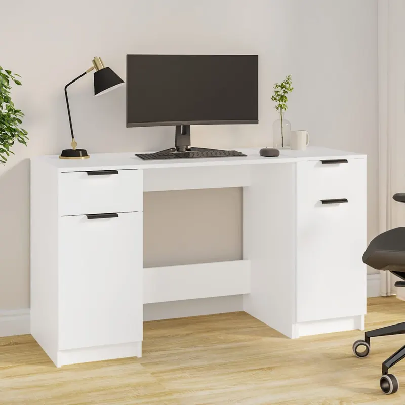 birou cu dulap lateral, alb, lemn prelucrat
