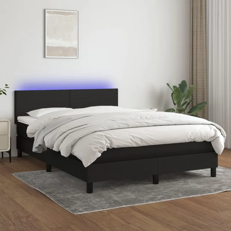 pat cu arcuri, saltea si led, negru, 140x200 cm, textil