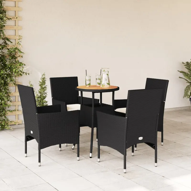 set mobilier gradina perne 5 piese negru poliratan/lemn acacia
