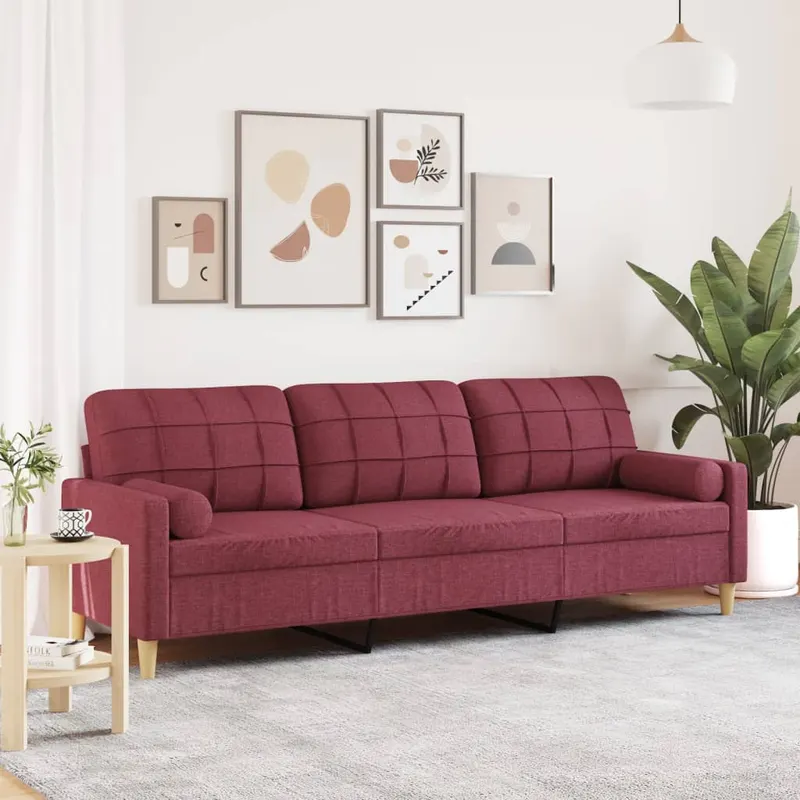 canapea cu 3 locuri cu pernute, rosu vin, 210 cm, textil