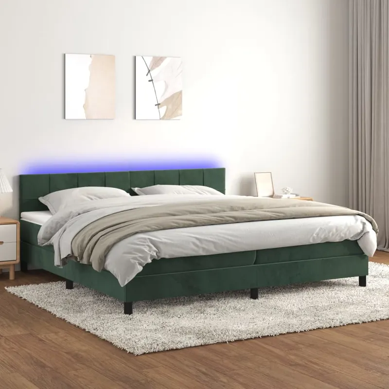 pat cu arcuri, saltea si led, verde inchis, 200x200 cm, catifea