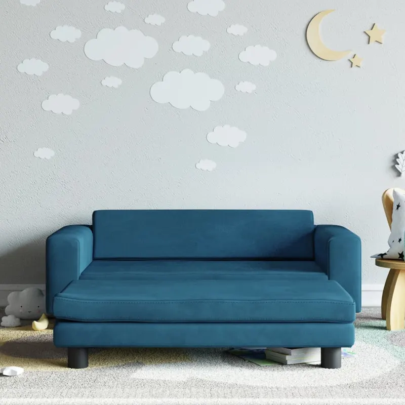 canapea pentru copii cu taburet albastru 100x50x30 cm catifea