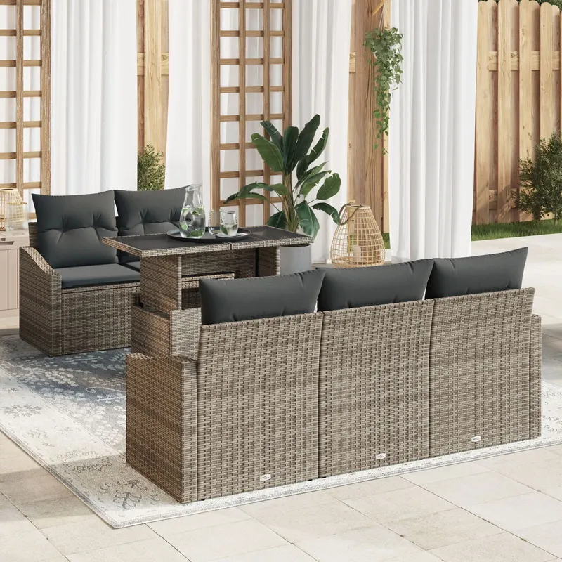 set de sofa de gradina cu 6 piese si perne gri din ratan poli