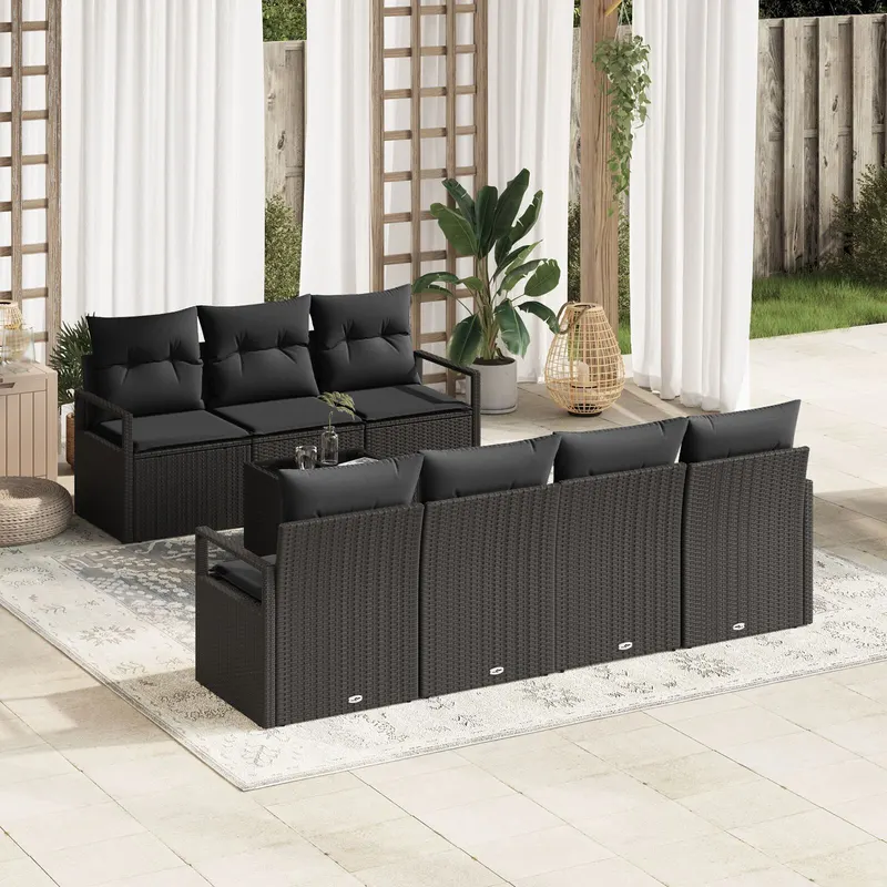 Set de canapele de gradina 8 piese cu perne din ratan negru, canapea de gradina pentru 2 persoane cu spatiu de depozitare si perne din ratan negru