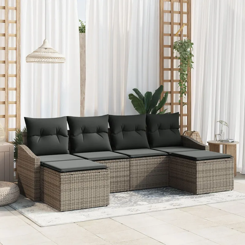 set canapea de gradina cu 6 piese si pernute gri din ratan