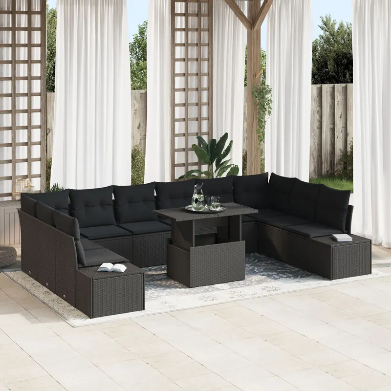 set de canapele de gradina , 11 piese, cu perne, ratan negru