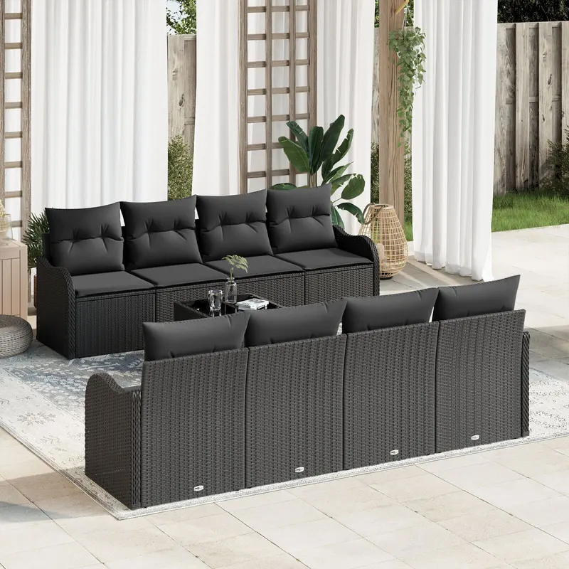 Set de canapele de gradina cu 9 piese si perne negru ratan poli, canapea de gradina cu 2 locuri si perne negru ratan poli
