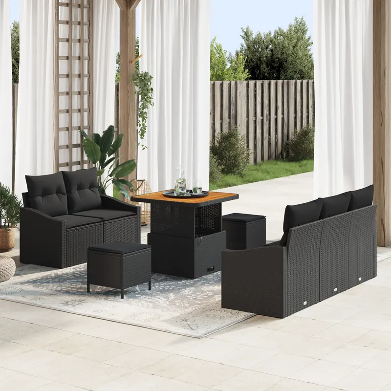 Set de sofa de gradina cu 8 piese si perne ratan poli negru, sofa de gradina cu 2 locuri cu spatiu de depozitare si perne ratan poli negru, set de dining pentru gradina cu 3 piese si perne ratan poli negru