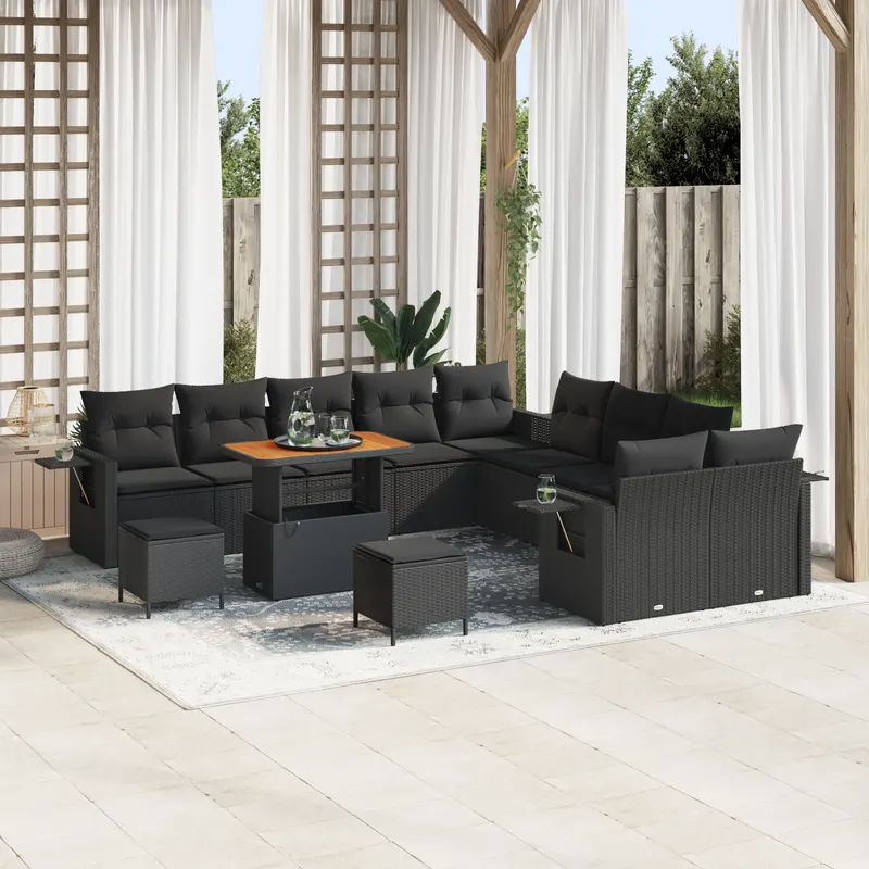 Set de canapea de gradina cu 13 piese cu perne - ratan negru acacia, set de dining de gradina cu 3 piese cu perne - ratan negru acacia