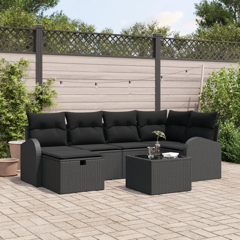 set canapea de gradina cu 7 piese si pernite negru poli ratan