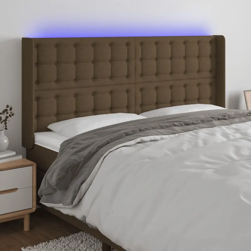 tablie de pat cu led, maro inchis, 163x16x118/128 cm, textil