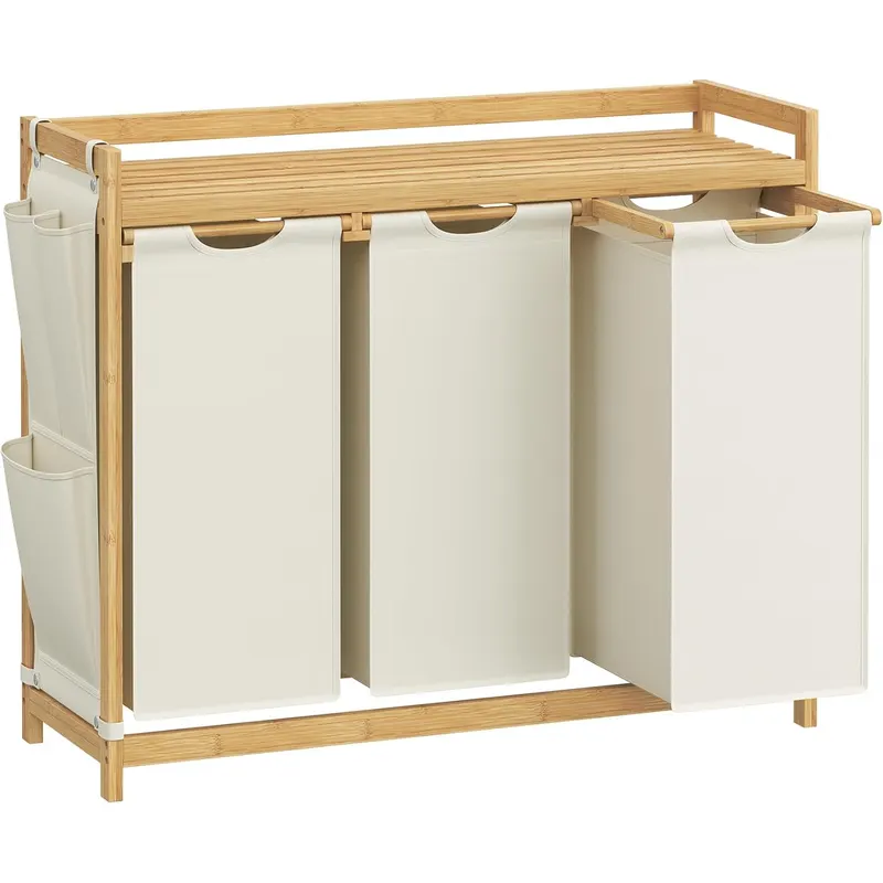 Cos rufe cu 3 compartimente si raft superior din bambus, 3 x 50 litri, saci detasabili, 94x33x78 cm, maro natur